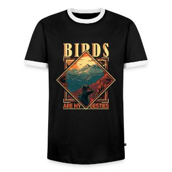 Birds Are My Besties: Retro Bird-Watching - Männer Kontrast-T-Shirt - Schwarz/Weiß - Vorne - AI Model Female 172 light (172cm) & AI Model Male 178 light (178cm)