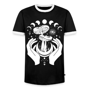 Boho Mushrooms Cottage Core Aesthetic Goblincore - Men's Ringer Shirt - black/white - Front - AI Model Female 172 light (172cm) & AI Model Male 178 light (178cm)