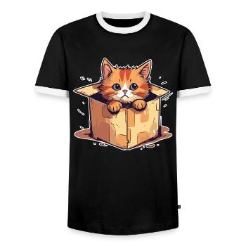 Katze Sitzt Im Karton Paket Lustig Humor Typisch - Männer Kontrast-T-Shirt - Schwarz/Weiß - Vorne - AI Model Female 172 light (172cm) & AI Model Male 178 light (178cm)