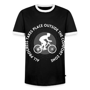 MTB Rennrad Fahrrad Radfahrer Komfortzone verlasse - Männer Kontrast-T-Shirt - Schwarz/Weiß - Vorne - AI Model Female 172 light (172cm) & AI Model Male 178 light (178cm)