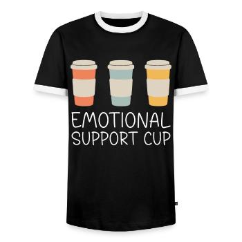Emotional Support Cup - Men's Ringer Shirt - black/white - Front - AI Model Female 172 light (172cm) & AI Model Male 178 light (178cm)
