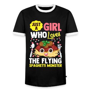 FSM Pastafarian - Men's Ringer Shirt - black/white - Front - AI Model Female 172 light (172cm) & AI Model Male 178 light (178cm)
