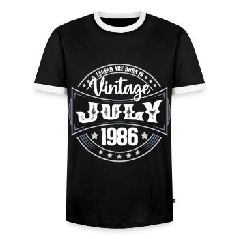 1986 July. Birthday present July 1986. - Men's Ringer Shirt - black/white - Front - AI Model Female 172 light (172cm) & AI Model Male 178 light (178cm)