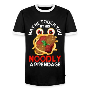 Flying Spaghetti Monster Pastafarian - Men's Ringer Shirt - black/white - Front - AI Model Female 172 light (172cm) & AI Model Male 178 light (178cm)