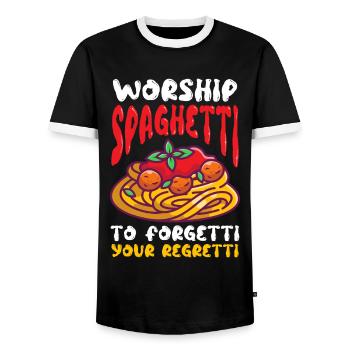 Fliegendes Spaghettimonster FSM Pastafarian - Männer Kontrast-T-Shirt - Schwarz/Weiß - Vorne - AI Model Female 172 light (172cm) & AI Model Male 178 light (178cm)