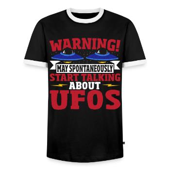 Warning! May Spontaneously Start Talking About - Men's Ringer Shirt - black/white - Front - AI Model Female 172 light (172cm) & AI Model Male 178 light (178cm)
