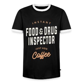 Coffee-Powered Inspector - Food & Drug Edition - Men's Ringer Shirt - black/white - Front - AI Model Female 172 light (172cm) & AI Model Male 178 light (178cm)