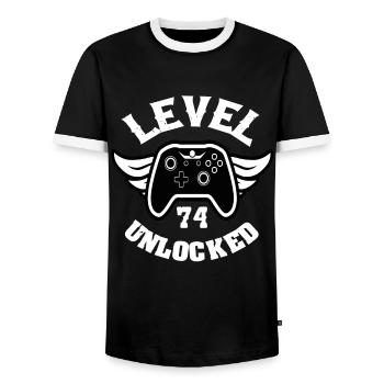 Level 74 Unlocked 74 Birthday - Men's Ringer Shirt - black/white - Front - AI Model Female 172 light (172cm) & AI Model Male 178 light (178cm)