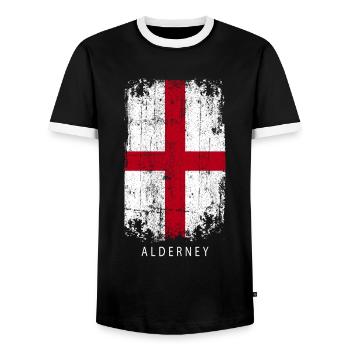 Souvenir with the country flag of Alderney - Men's Ringer Shirt - black/white - Front - AI Model Female 172 light (172cm) & AI Model Male 178 light (178cm)