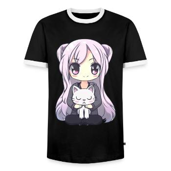 Anime Cats Kawaii Teen Otaku Girl With Cat - Men's Ringer Shirt - black/white - Front - AI Model Female 172 light (172cm) & AI Model Male 178 light (178cm)