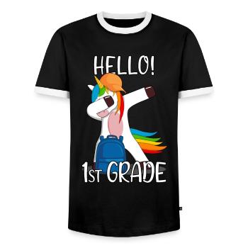 1st Grade First Grader Elementary School Unicorn - Men's Ringer Shirt - black/white - Front - AI Model Female 172 light (172cm) & AI Model Male 178 light (178cm)