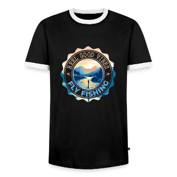 Fly Fishing Reel Good Vibes Morning Hours in - Männer Kontrast-T-Shirt - Schwarz/Weiß - Vorne - AI Model Female 172 light (172cm) & AI Model Male 178 light (178cm)