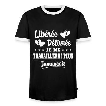 Femme Retraite Idée Cadeau Départ Humour Retraite - T-shirt contrasté Homme - noir/blanc - Devant - AI Model Female 172 light (172cm) & AI Model Male 178 light (178cm)