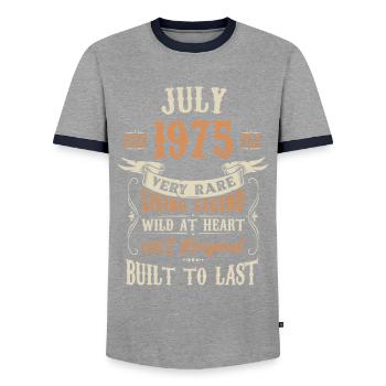 July 1975 Birthday present - Men's Ringer Shirt - grey/navy  - Front - AI Model Female 172 light (172cm) & AI Model Male 178 light (178cm)