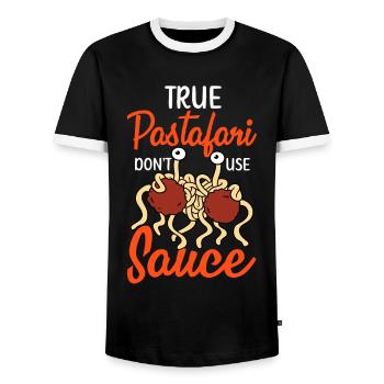 Fliegendes Spaghettimonster FSM - Männer Kontrast-T-Shirt - Schwarz/Weiß - Vorne - AI Model Female 172 light (172cm) & AI Model Male 178 light (178cm)