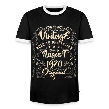 Vintage Né(e) en Août 1970. anniversaire août 1970 - T-shirt contrasté Homme - noir/blanc - Devant - AI Model Female 172 light (172cm) & AI Model Male 178 light (178cm)
