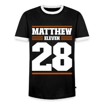 Messages from the Bible Matthew 11:28 - Men's Ringer Shirt - black/white - Front - AI Model Female 172 light (172cm) & AI Model Male 178 light (178cm)