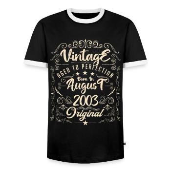 Vintage born in August 2003. Anniversary August 2003 - Men's Ringer Shirt - black/white - Front - AI Model Female 172 light (172cm) & AI Model Male 178 light (178cm)