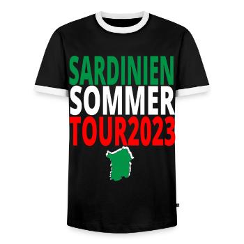 Sardinia Tour 2023 Holiday T-Shirt Summer - Men's Ringer Shirt - black/white - Front - AI Model Female 172 light (172cm) & AI Model Male 178 light (178cm)