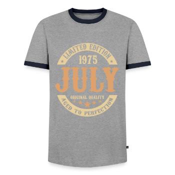 July 1975 Vintage Birthday Gift - Men's Ringer Shirt - grey/navy  - Front - AI Model Female 172 light (172cm) & AI Model Male 178 light (178cm)