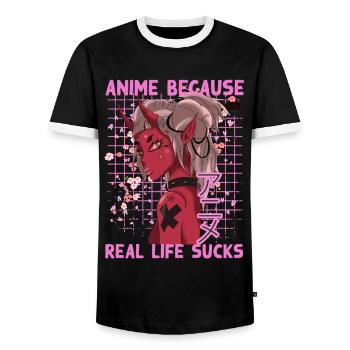 Lustig Manga Spruch Anime because real life sucks - Männer Kontrast-T-Shirt - Schwarz/Weiß - Vorne - AI Model Female 172 light (172cm) & AI Model Male 178 light (178cm)