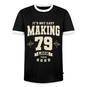 Legendary 79 - Born in 1944 - 79th Birthday - Men's Ringer Shirt - black/white - Front - AI Model Female 172 light (172cm) & AI Model Male 178 light (178cm)
