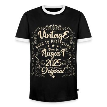 Vintage born in August 2025. Birthday August 2025 - Men's Ringer Shirt - black/white - Front - AI Model Female 172 light (172cm) & AI Model Male 178 light (178cm)
