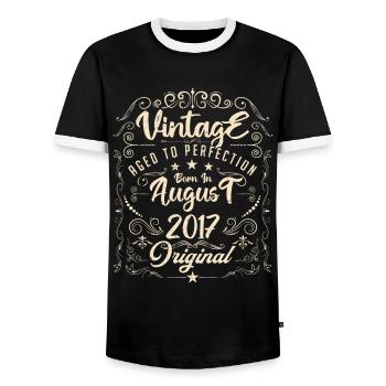 Vintage born in August 2017. Birthday August 2017 - Men's Ringer Shirt - black/white - Front - AI Model Female 172 light (172cm) & AI Model Male 178 light (178cm)
