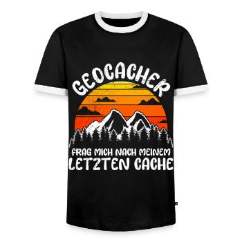 Geocache Frag mich nach meinem letzten Cache GPS - Männer Kontrast-T-Shirt - Schwarz/Weiß - Vorne - AI Model Female 172 light (172cm) & AI Model Male 178 light (178cm)