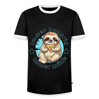 Sloth tired and hungry with a slice of pizza - Men's Ringer Shirt - black/white - Front - AI Model Female 172 light (172cm) & AI Model Male 178 light (178cm)