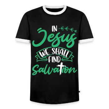 In Jesus we will find salvation Bible verse - Men's Ringer Shirt - black/white - Front - AI Model Female 172 light (172cm) & AI Model Male 178 light (178cm)