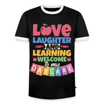 Welcome To My Daycare - Men's Ringer Shirt - black/white - Front - AI Model Female 172 light (172cm) & AI Model Male 178 light (178cm)