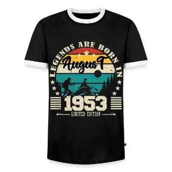 August 1953. Birthday gift August 1953. August - Men's Ringer Shirt - black/white - Front - AI Model Female 172 light (172cm) & AI Model Male 178 light (178cm)