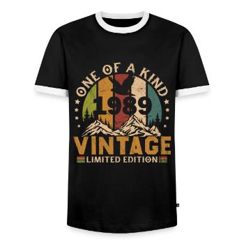 1989 Jahrgang Jahrgang 1989 Geburtstagsgeschenk - Männer Kontrast-T-Shirt - Schwarz/Weiß - Vorne - AI Model Female 172 light (172cm) & AI Model Male 178 light (178cm)
