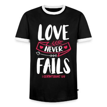 Love Never Fails Bible Verse Faith Jesus - Men's Ringer Shirt - black/white - Front - AI Model Female 172 light (172cm) & AI Model Male 178 light (178cm)