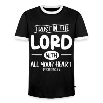 Trust the Lord with Your Heart Bible Verse - Men's Ringer Shirt - black/white - Front - AI Model Female 172 light (172cm) & AI Model Male 178 light (178cm)