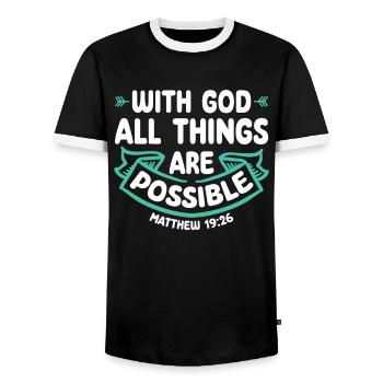 With God, all things are possible Bible verse Jesus - Men's Ringer Shirt - black/white - Front - AI Model Female 172 light (172cm) & AI Model Male 178 light (178cm)