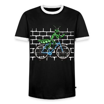 Mantis Praying Mantis Bicycle - Men's Ringer Shirt - black/white - Front - AI Model Female 172 light (172cm) & AI Model Male 178 light (178cm)