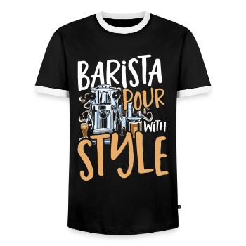 Barista Pour With Style Barista Coffeemaker - Men's Ringer Shirt - black/white - Front - AI Model Female 172 light (172cm) & AI Model Male 178 light (178cm)