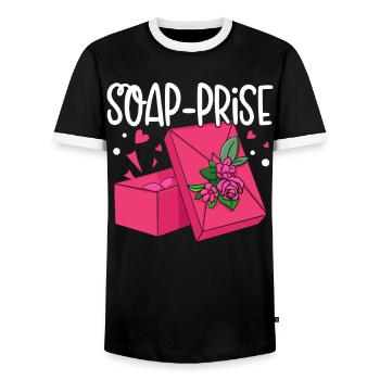 Fabrication de savon, savonnier, savonologue - T-shirt contrasté Homme - noir/blanc - Devant - AI Model Female 172 light (172cm) & AI Model Male 178 light (178cm)