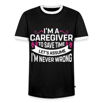 Caregiver Gift Nurse - Men's Ringer Shirt - black/white - Front - AI Model Female 172 light (172cm) & AI Model Male 178 light (178cm)