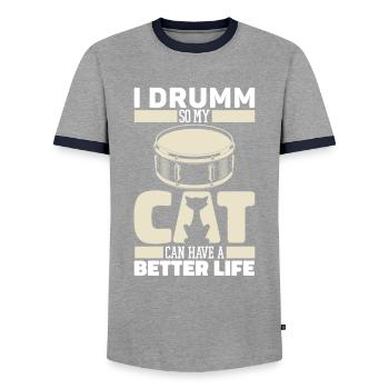 Schlagzeug Drummer Schlagzeuger Katze - Männer Kontrast-T-Shirt - Grau/Navy  - Vorne - AI Model Female 172 light (172cm) & AI Model Male 178 light (178cm)