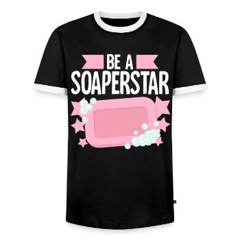 Fabrication de savon, savonnier, savonologue - T-shirt contrasté Homme - noir/blanc - Devant - AI Model Female 172 light (172cm) & AI Model Male 178 light (178cm)