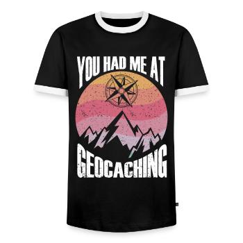 Cadeau Geocaching Geocacher Geocache - T-shirt contrasté Homme - noir/blanc - Devant - AI Model Female 172 light (172cm) & AI Model Male 178 light (178cm)