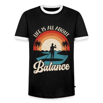 Life is all about Balance - Stehpaddel Stand Up - Männer Kontrast-T-Shirt - Schwarz/Weiß - Vorne - AI Model Female 172 light (172cm) & AI Model Male 178 light (178cm)