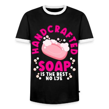Fabrication de savon, savonnier, savonologue - T-shirt contrasté Homme - noir/blanc - Devant - AI Model Female 172 light (172cm) & AI Model Male 178 light (178cm)