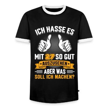 27 Geburtstag 27 Jahre 27 Lebensjahr 27 Lebenalter - Männer Kontrast-T-Shirt - Schwarz/Weiß - Vorne - AI Model Female 172 light (172cm) & AI Model Male 178 light (178cm)