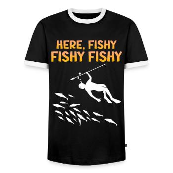 Spearfisher Harpoon Here Fishy Fish Hunt - Men's Ringer Shirt - black/white - Front - AI Model Female 172 light (172cm) & AI Model Male 178 light (178cm)