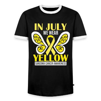 In July We Wear Yellow Sarcoma Cancer Awareness - Men's Ringer Shirt - black/white - Front - AI Model Female 172 light (172cm) & AI Model Male 178 light (178cm)