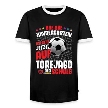 Fußball Einschulung 1. Klasse - Männer Kontrast-T-Shirt - Schwarz/Weiß - Vorne - AI Model Female 172 light (172cm) & AI Model Male 178 light (178cm)